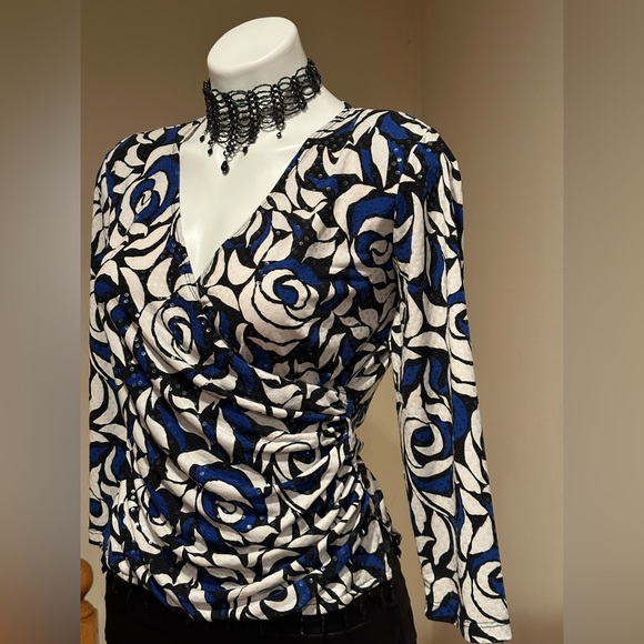 MSK Wrap Top Look Blue white black Floral Print. Black Beaded waist Fringe Sz S - Picture 3 of 13